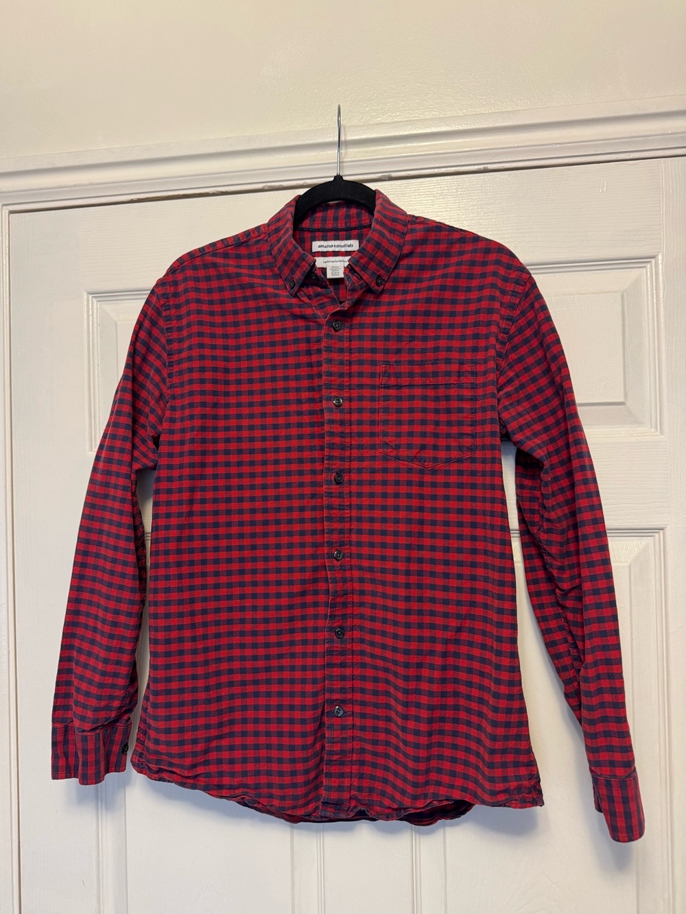 Amazon Essentials Red and Black Plaid Long-Sleeve Button-Down Shirt